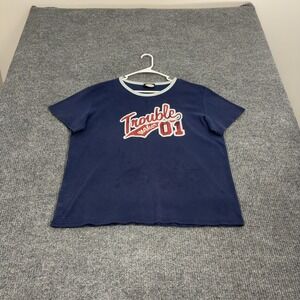 Zoey Beth T Shirt Womens 2X Blue Cotton Trouble Maker‎ 01 Graphic Ringer Y2K